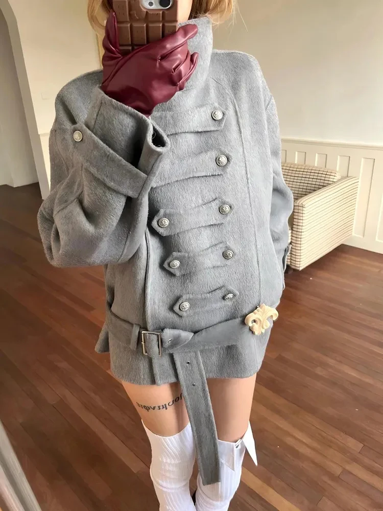 

Ele ey Woolen Coat Women's Faion Korean Sle Stand Collar Double Buttoned Winter Outerwear Warm Polyester Fiber