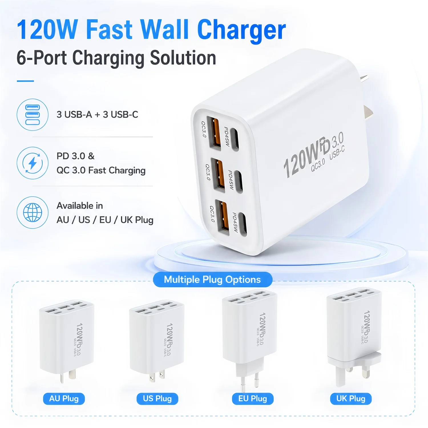 PD 120W 6 Ports USB C Charger Quick Charge 3.0 Type C USB Phone Chargers Fast Charging Adapter for iPhone Samsung Xiaomi Huawei