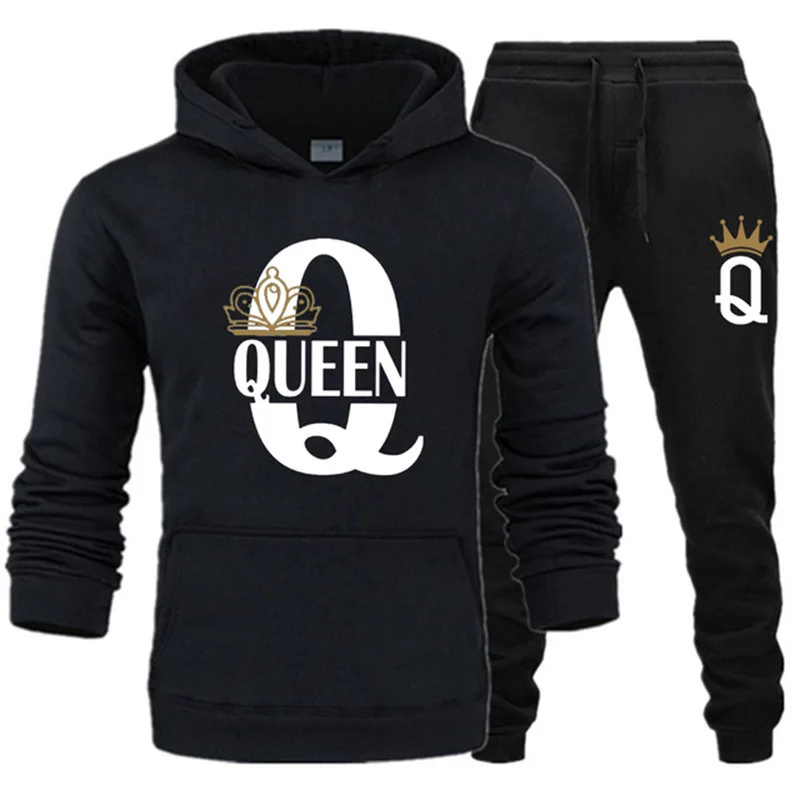 2026 New Autumn and Winter Men's and Women's Sweater Set KING QUEEN Loose Relaxed Hooded Print Couple Set
