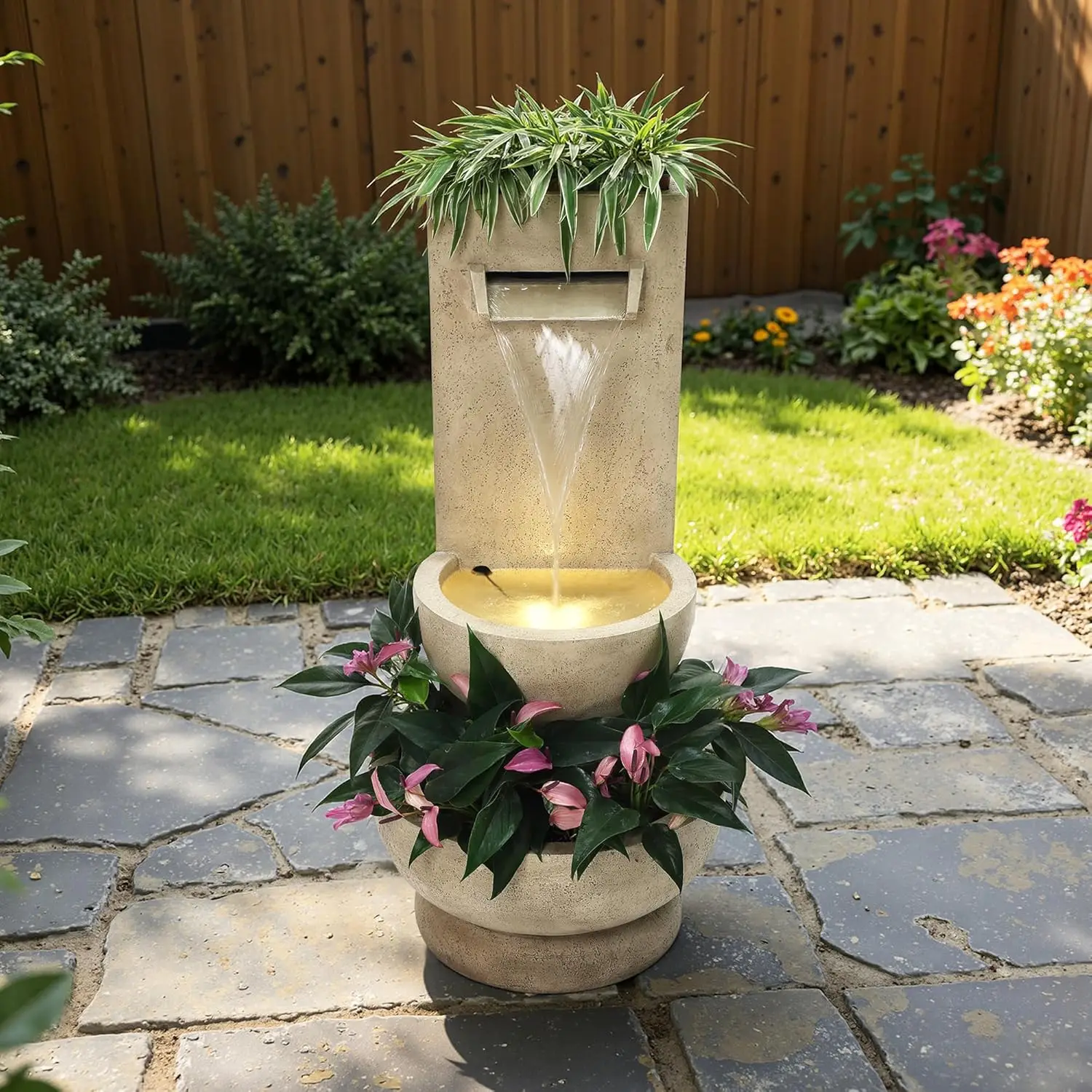 

Уличный фонтан LuxenHome 33 дюйма с кашпо, из полимерной смолы, со светодиодной подсветкой, для сада и двора