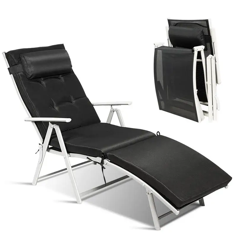 Adjustable Outdoor Folding Chaise Lounge Chair, 7 Position Recliner With Cushion And Pillow, Sturdy Steel Frame For Patio Poolside Balcony Camping, Adult Relaxation Furniture, Black