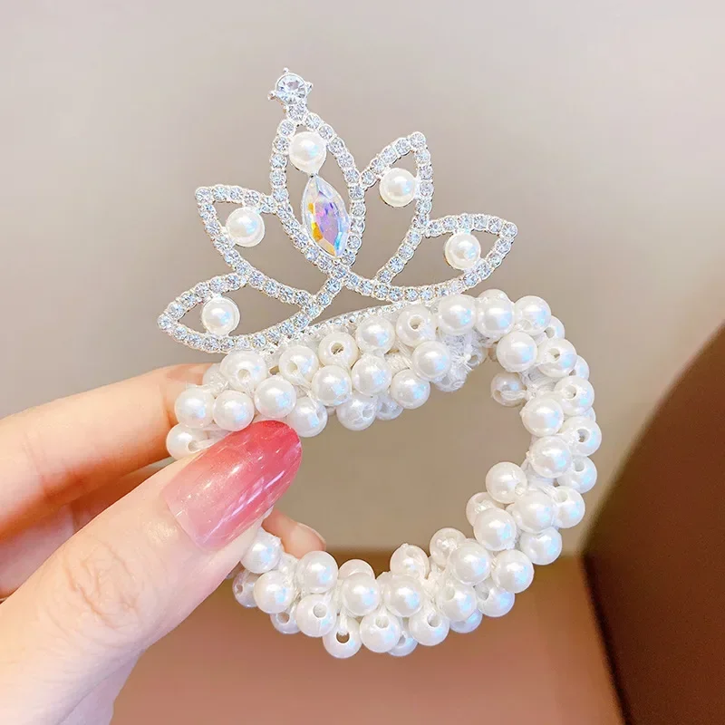 Women Princess Rhinestone Crown Pearl Rubber Band for Girls Children Elastic Hair Ring Headwear Girls Kids Hair Accessories