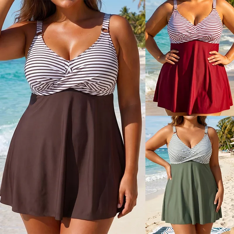 Nouveau maillot de bain 2026 grande taille pour femme, style jupe, rayé multicolore, couleur unie, coupe conservatrice, fin et fendu