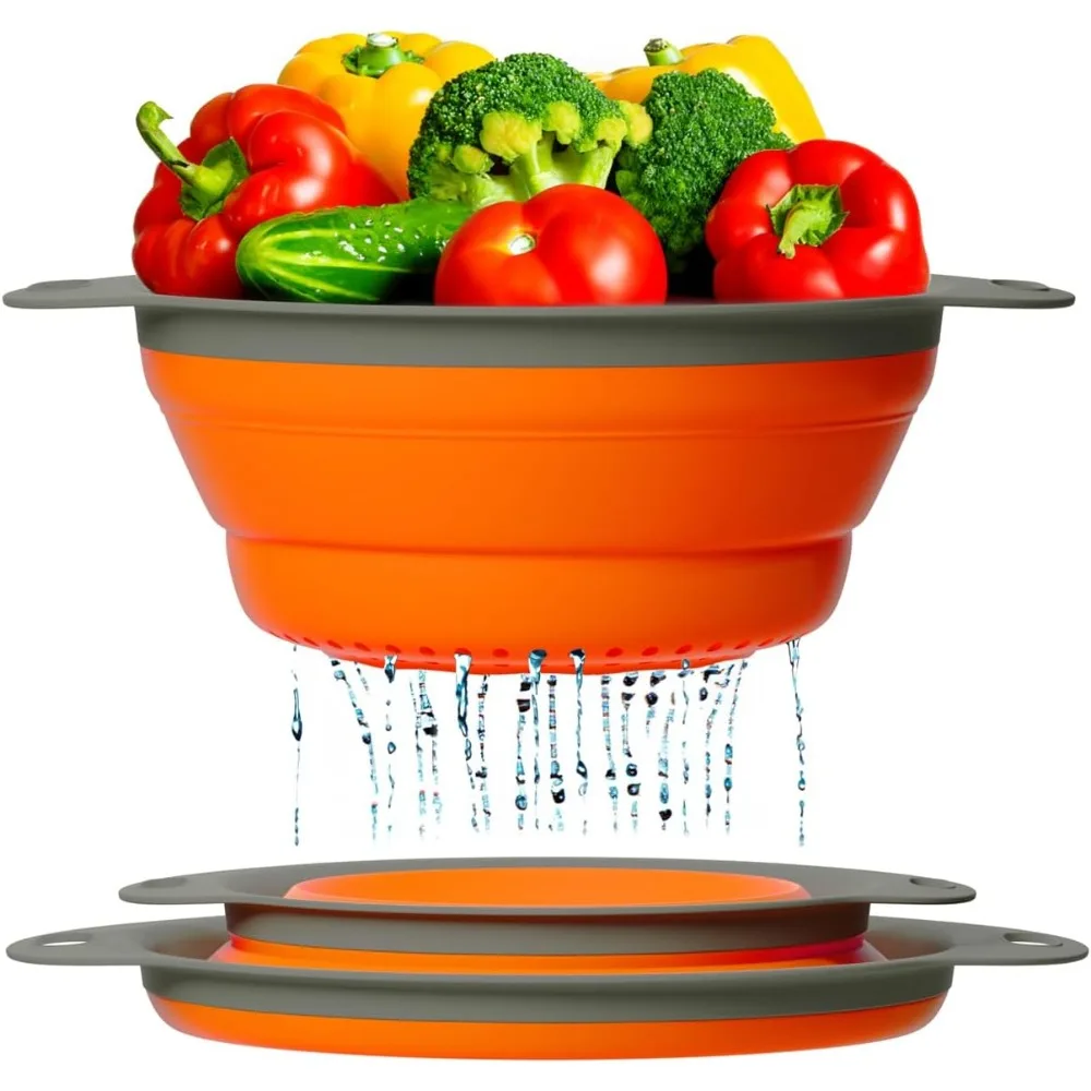 

2 pcs Colander Set, Collapsible Colanders, Sink Strainers for Kitchen, 2 & 3 qt / 8" & 9.5" Size, Orange