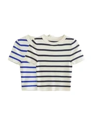 TRAF Women Fashion Striped Basic Cropped Knit Sweater Vintage O Neck Short Sleeve Female Pullovers Chic Tops