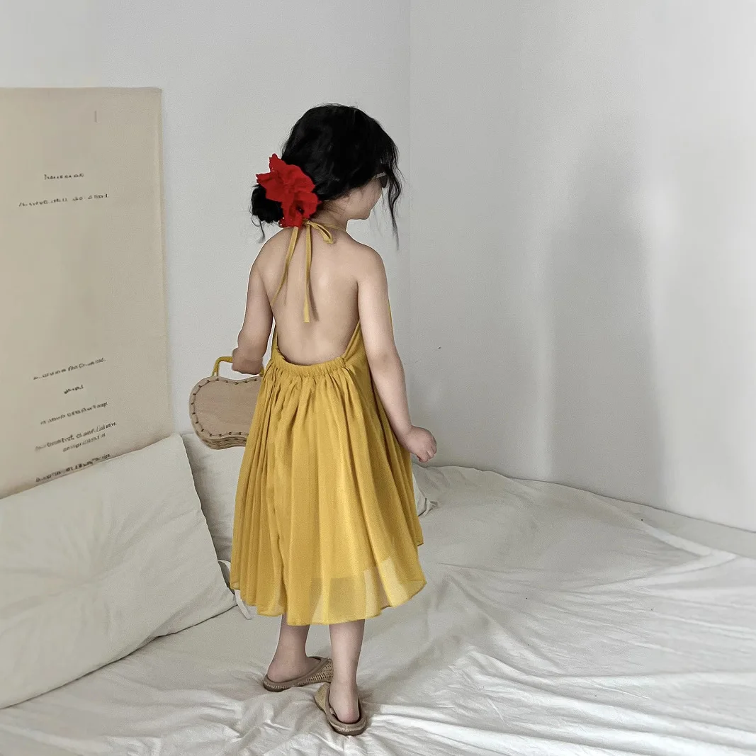 

girls summer long dress beach hanging neck halter dresses vacation beach suspender backless vestidos kids clothes 2 to 10 yrs