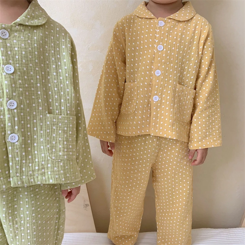 Kids Clothes Girls Loungewear Spring Cotton Yarn Polka Dot Boy Pajama Suit for Babies Casual Solid Young Children\'s Clothing