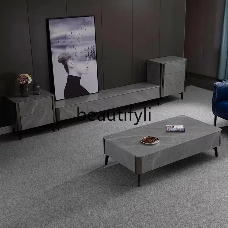 

Italian Style Rock Plate Coffee Table TV Cabinet Combination Square Living Room Household Chest of Drawers