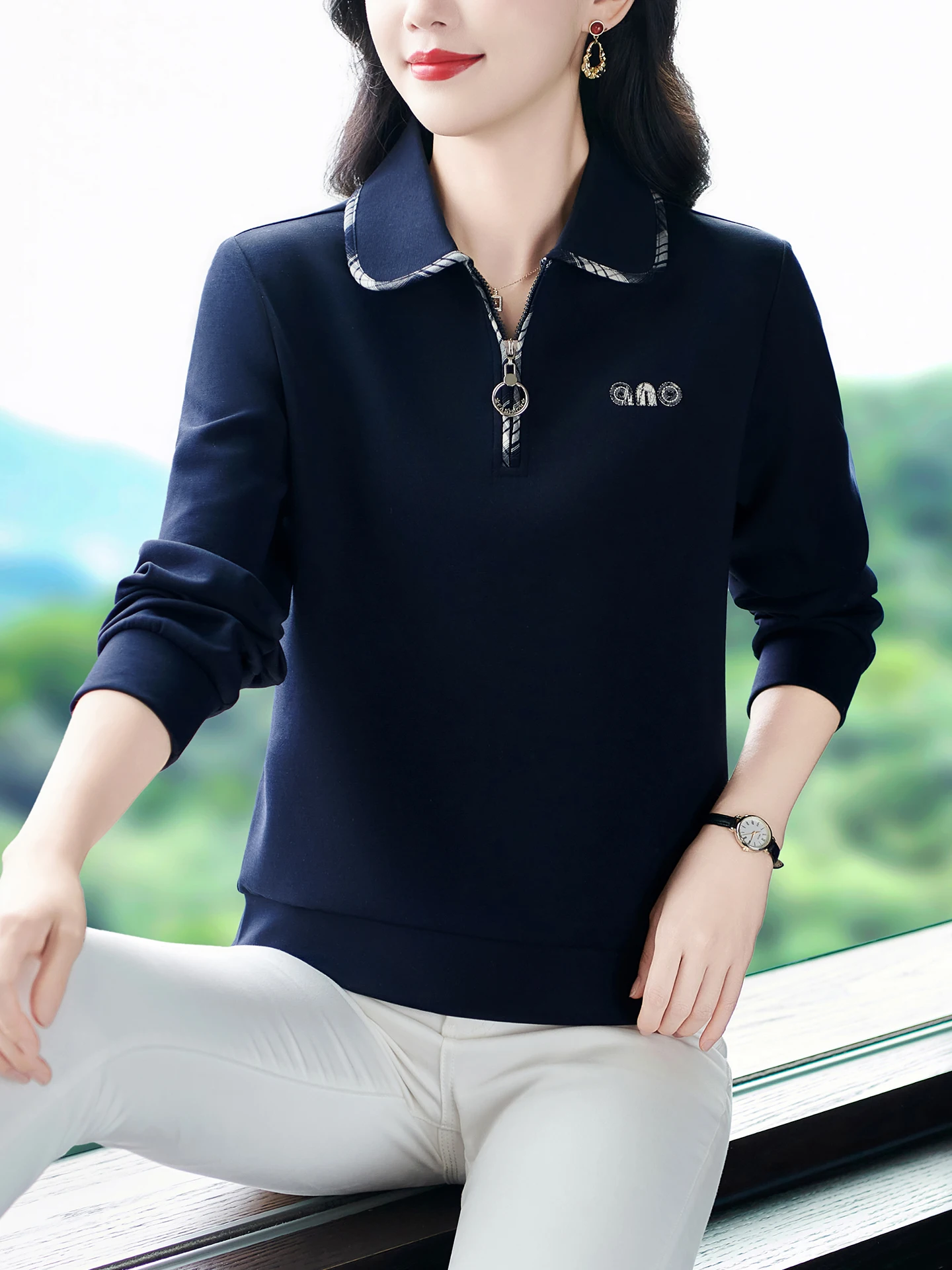 

Casual Pure Color Sweatirt Women's Spring Autumn New Sle Versatile Youthful Overhead Faionable Top Flip Collar Long Sve