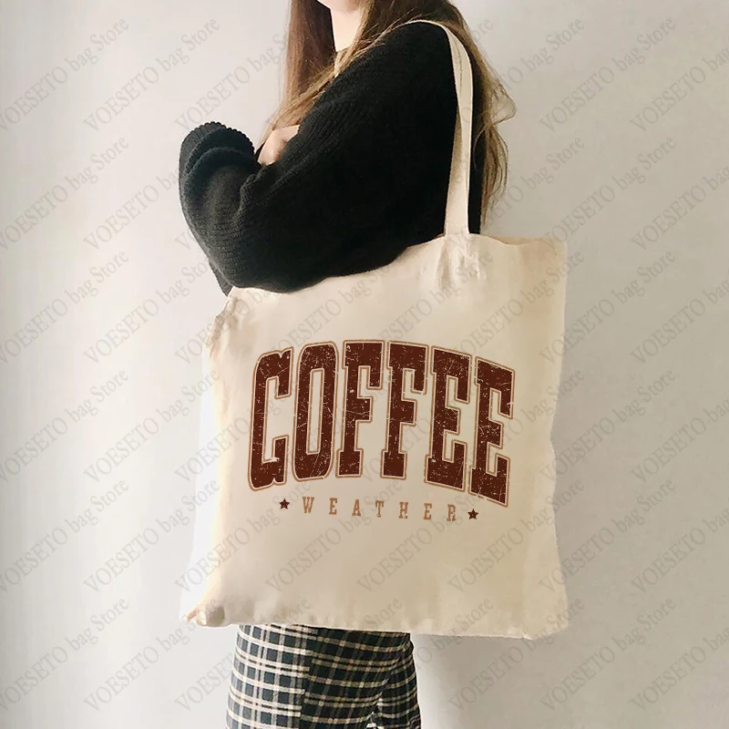 Coffee Weather Pattern Tote Bag Canvas Shoulder Bag for Travel Daily Commuting Women's Reusable Shopping Bags Coffee Lover Gift