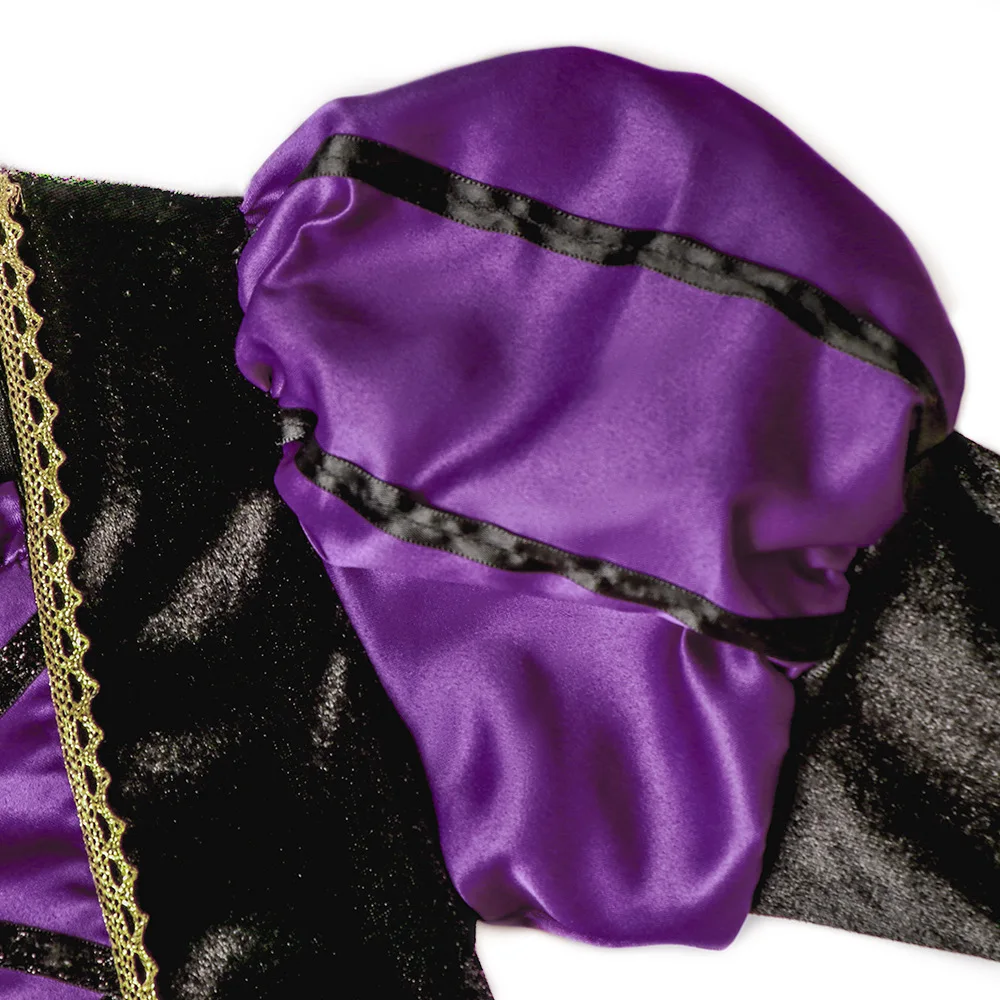 Mädchen Lila-Schwarzes Hexenkostüm mit Hut, Goldener Spinnennetz-Druck Tüllkleid 2026 Halloween-Kleidung, Fantasievolles Zauberer-Cosplay-Outfit – Detail 7
