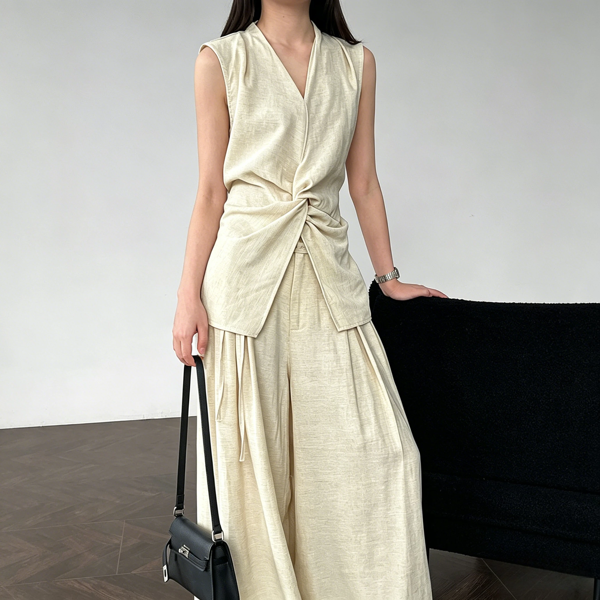 

Pant Set Women Two Piece Sets V Neck Sleeveless Ves Top Wide Leg Long Pants Tight Waist Y2k Streetwear Elegant Casual 2026