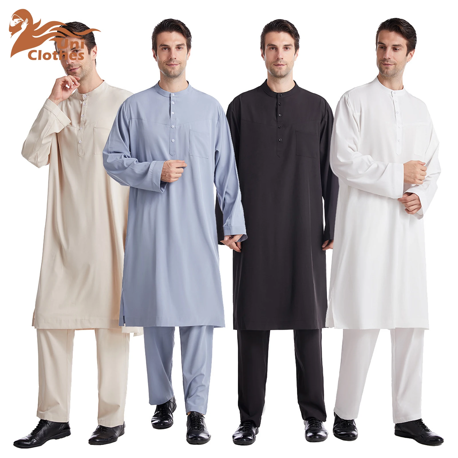 UNI Men Abaya Jubba Thobe Muslim Male 2 Piece Set Pakistan Dubai Saudi Abaya Islamic Prayer Clothing Worship Suit Arabic Ramadan