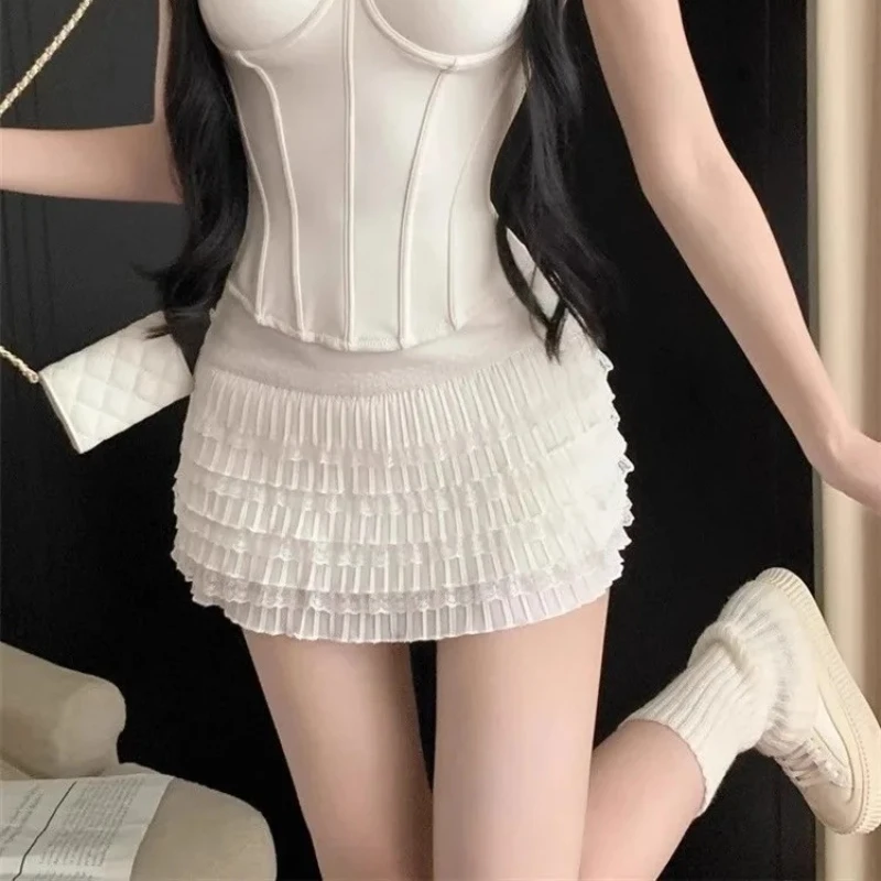 2026 Summer Fashion Women's Lace Splicing High Waist Folded Short Skirt with Inner Lining Classic Versatile Daily Short Skirt