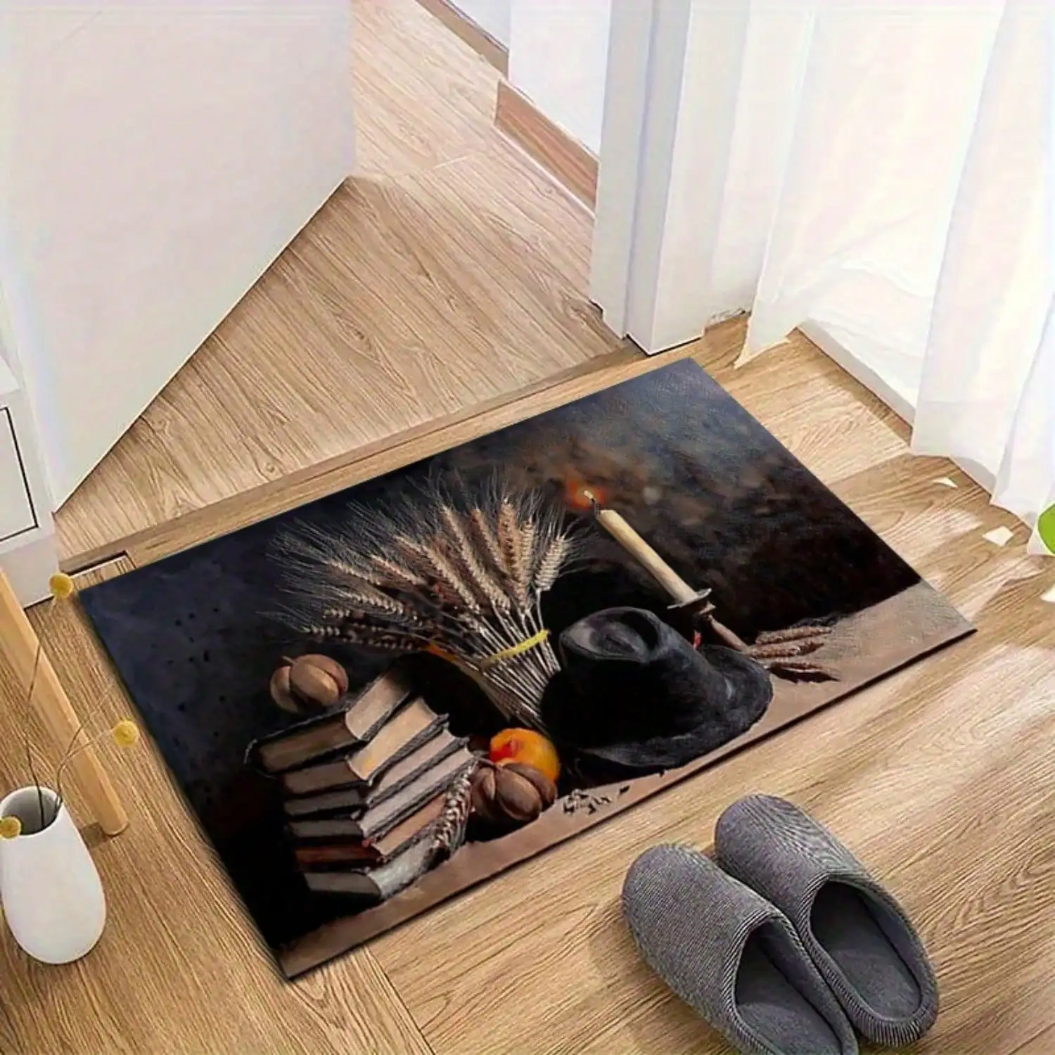 1pc Of Still-Life Oil Artwork Featuring Books, Wheat, A Hat, A Candle, And Fruits, Designed As A Halloween/Christmas Doormat. It Is Soft, Absorbent, Non-Slip