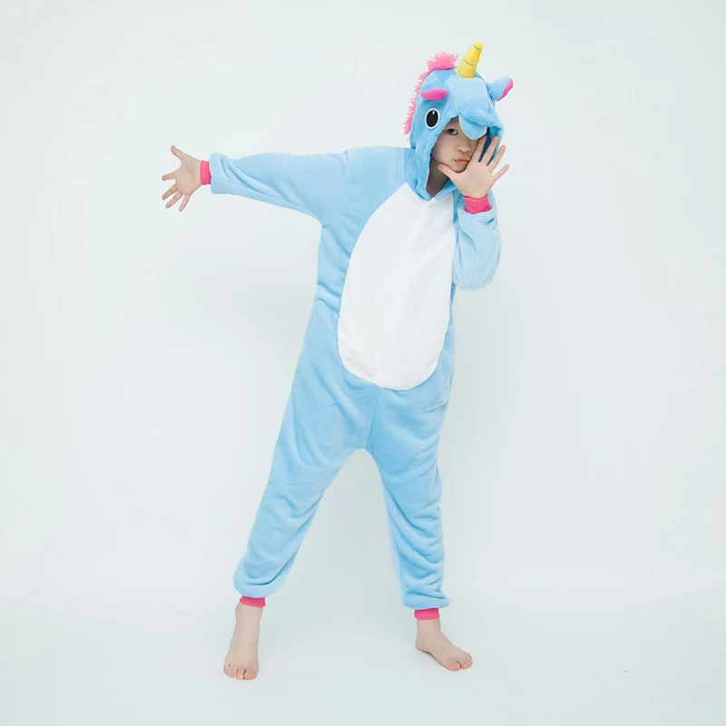 Kigurumi Kids Cute Blue Unicorn Animal Cartoon Pajamas Children Sleepwear Girls Boys Onesies For Christmas Halloween Party