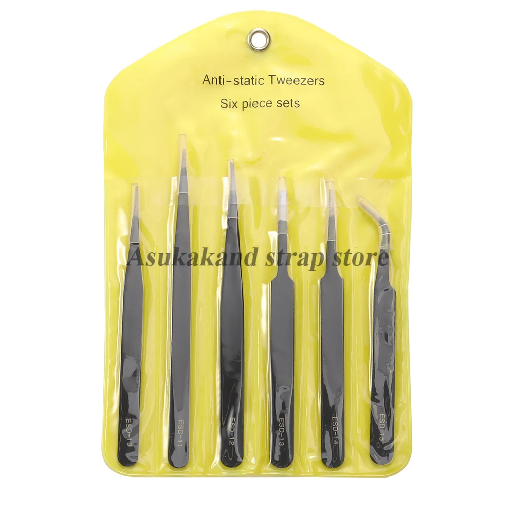 Conjunto de 6 Pinças Antiestáticas ESD de Precisão em Aço Inoxidável Durável para Reparo Eletrônico e Modelagem de Processos, Dobragem e Estampagem