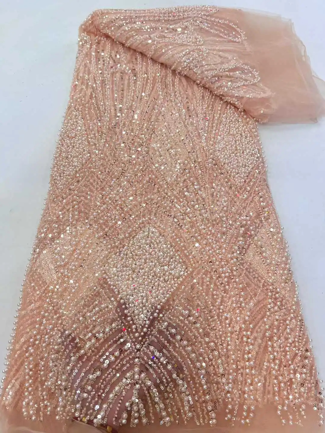 Chiffon Luxury African Groom Sequins Lace Fabric High Quality Beaded Embroidery French Tulle for Nigerian Wedding Dresses