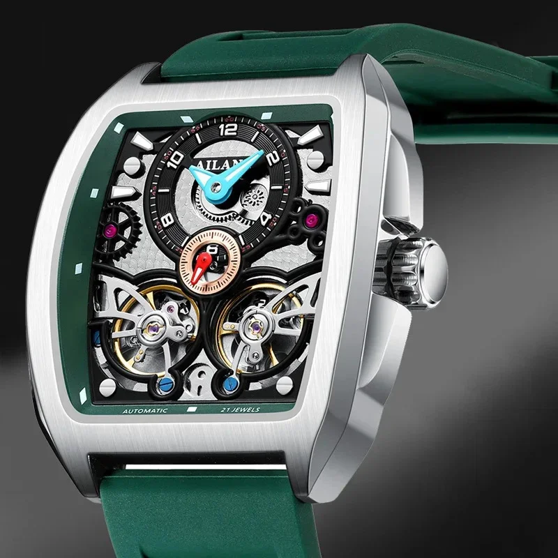 Ailang new fashion sports men's silicone strap waterproof luminous hollow double tourbillon automatic mechanical watch men.