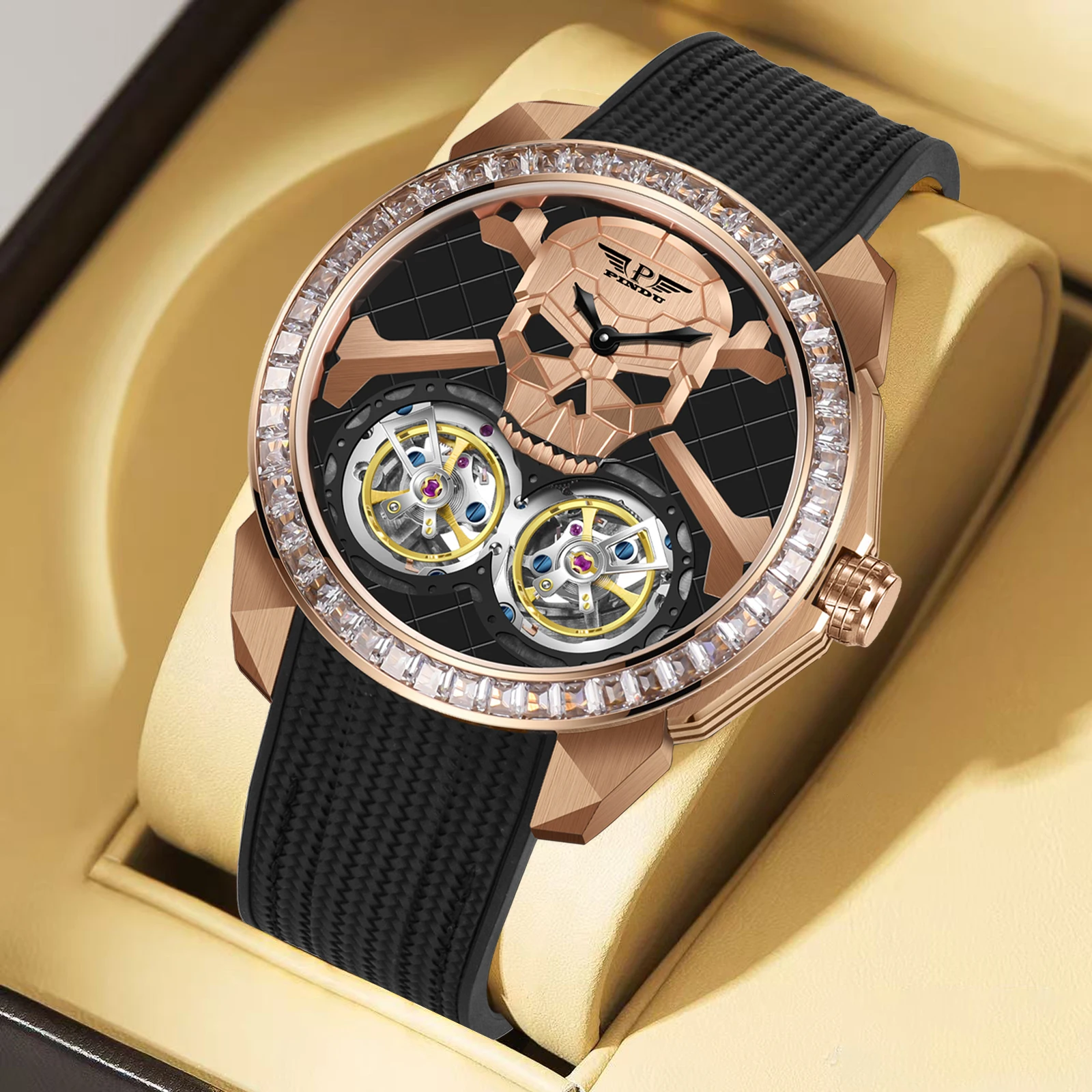 PINDU 2025 New Double Flying Wheel Mechanical Watch Men Ghost Head Dial JHLS33-1 Movement Waterproof Automatic Mechanical Watch