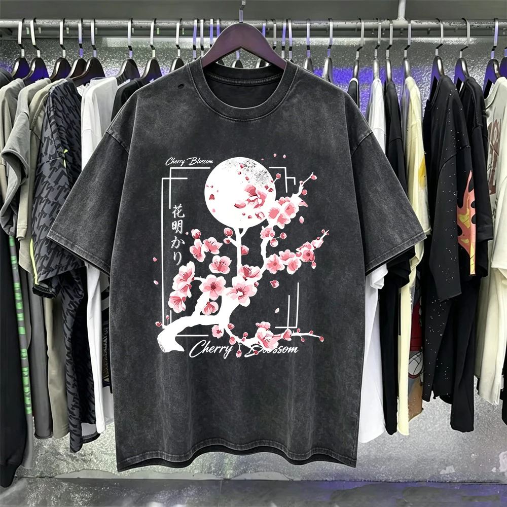 Japanese Sakura Harajuku Cotton Washed T-Shirt Women Summer Oversized Tops O-Neck Short Sleeve Streetwear Basic Woman Clothes