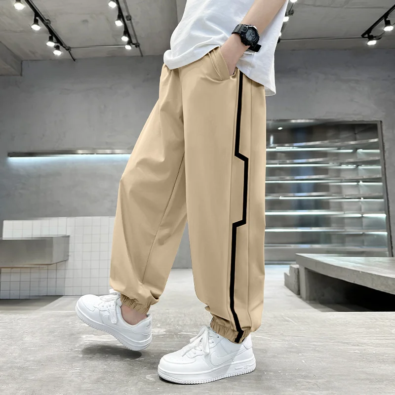 4-14T Boy Casual Solid Straight Ice Shreds Pants For 2024 Summer New Elastic Waist Comfortable Children Trousers High Quality