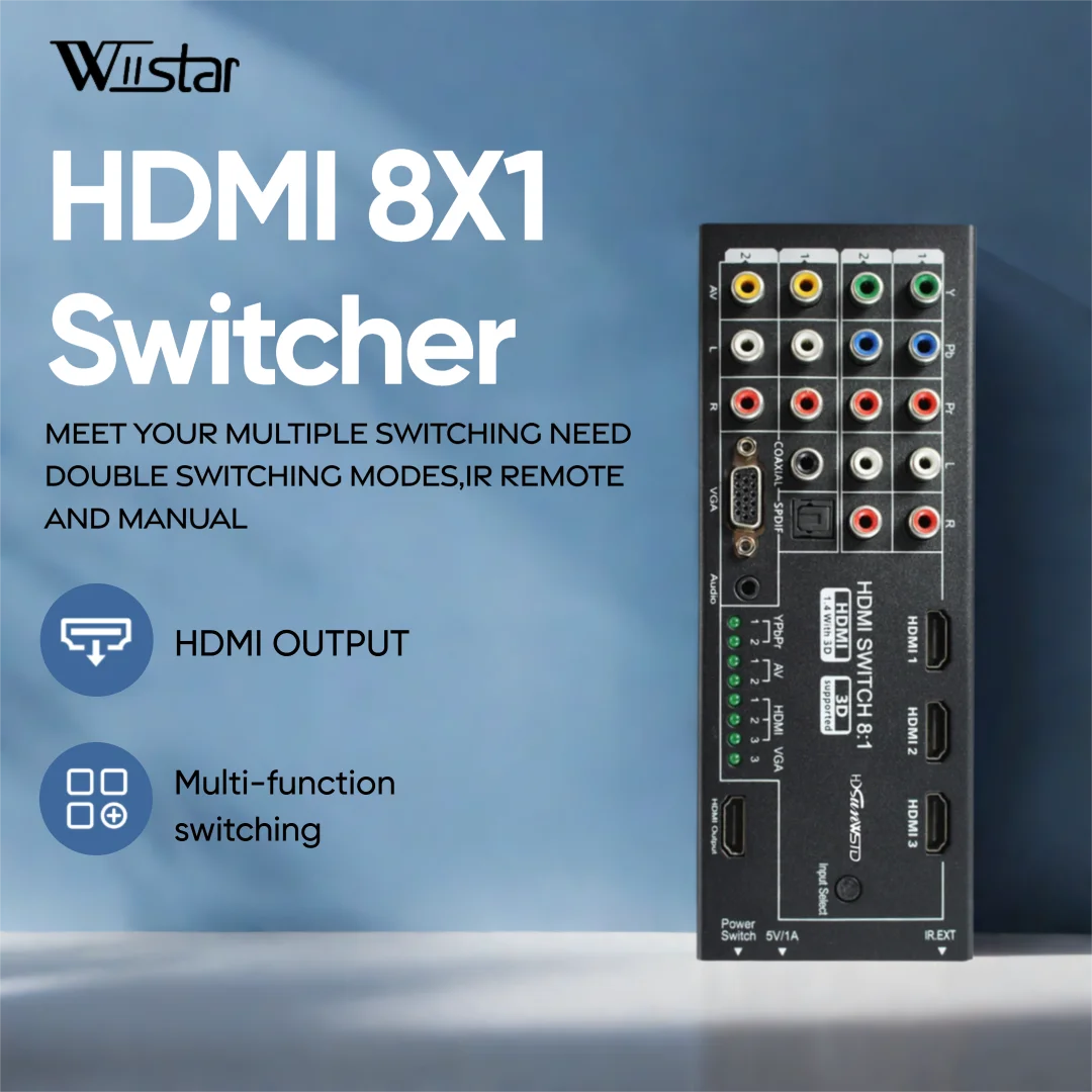 

Wiistar Digital Multi-Functional HDMI VIdeo Converter with 8 Inputs to 1 HDMI Output ( VGA+AV+Ypbpr Component + HDMI In