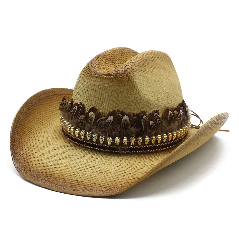 Hot Sale Outdoor Travel Sun Hat Feather Western Cowboy Hat Outdoor Sun Hat Spray Paint Straw Hat Summer