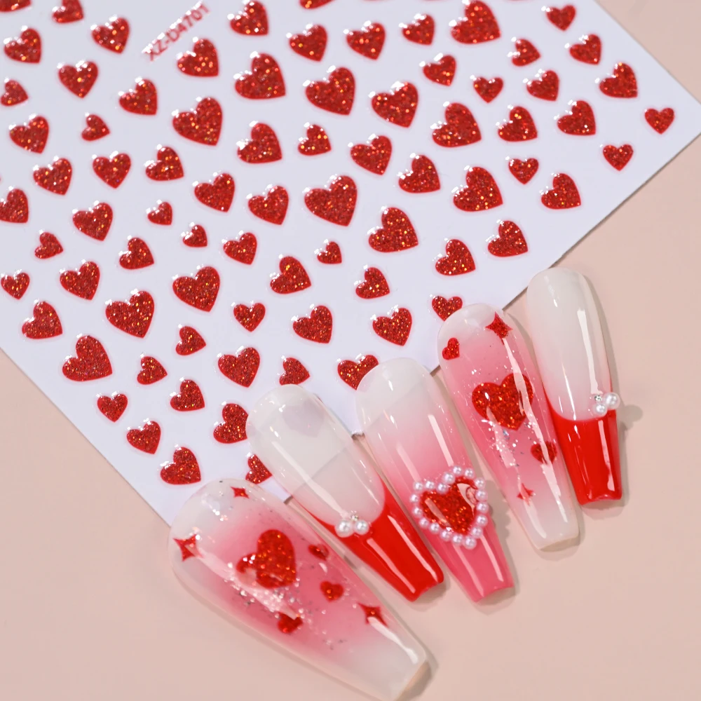 5 pz/set 3D Bling Love Heart Adesivi Per Unghie con Glitter Shine Multi Size Love Heart Pattern Autoadesive Decalcomanie Per Unghie Decorazione