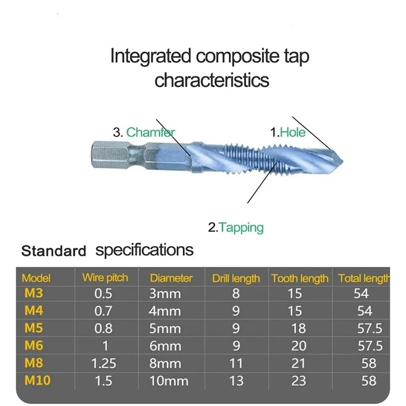 6 Pcs screw tap drill bit set Hss Tap Counter Sink Deburr Metric High Speed Steel 1/4 IN Quick Change Hex Tool For Woodworking