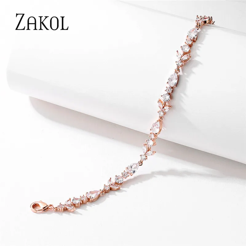 ZAKOL Fashion Leaf Bridal Bracelets for Women Shinny Cubic Zirconia Adjustable Chain Charm Bracelet Party Wedding Jewelry BP5034