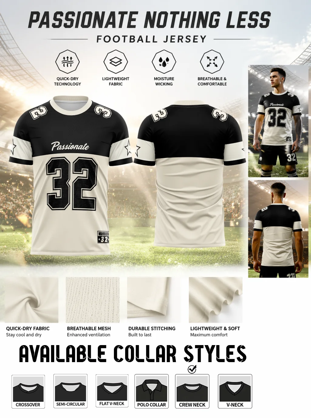 No.32 color‑block soccer jersey,black‑white patchwork,star & letter print,quick‑dry & breathable,multiple collar styles
