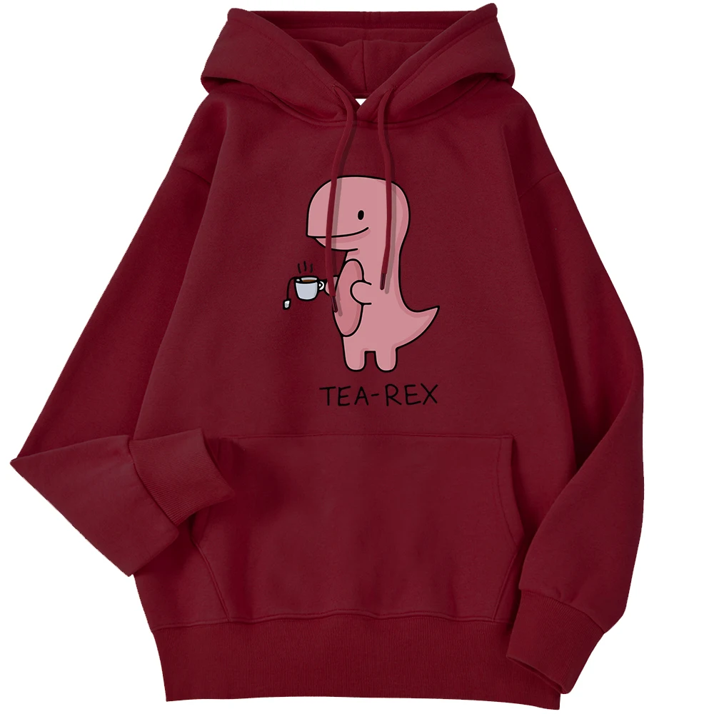 Autumn Winter Women Hoodie Funny Dinosaur Drink Coffee Prints Hooded Comfortable Stretch Pullover Cartoons Casual Female Clothes