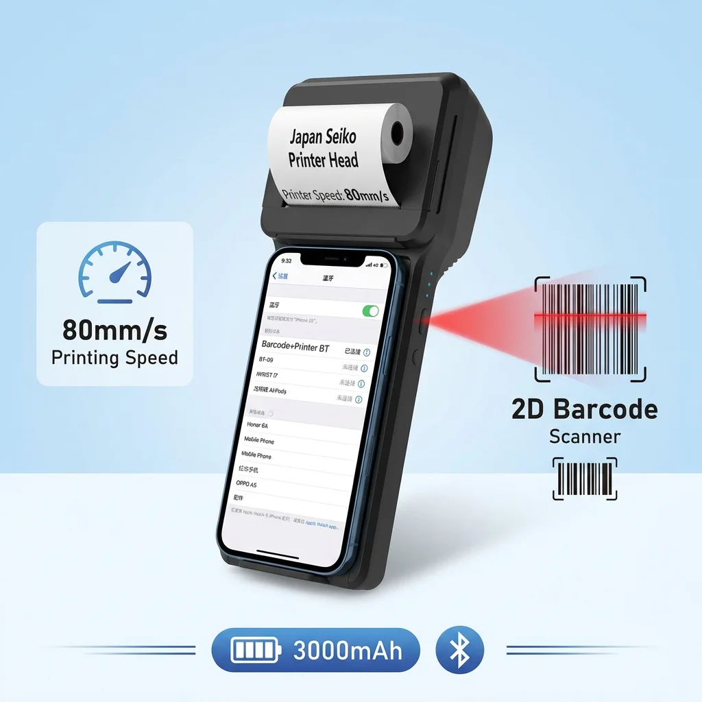 

Cellphone Backclip Thermal Printer & 2D Scanner Bluetooth 58mm Printer 7.4V 3000mAh Battery Mobile Wireless Scanner