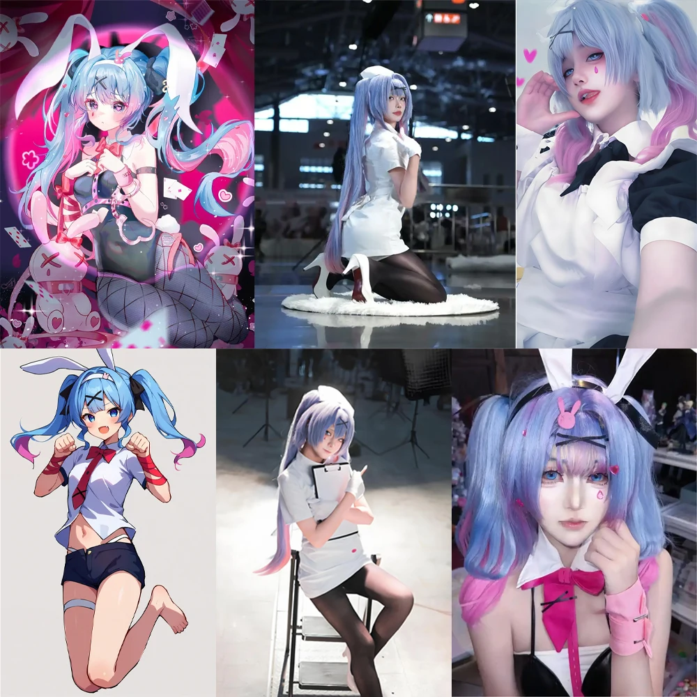 عالية الجودة أنيمي ميكو أرنب هول تأثيري الشعر الاصطناعية الأزرق والوردي التدرج انفصال ذيل حصان هالوين شعر مستعار للحفلات اليومية