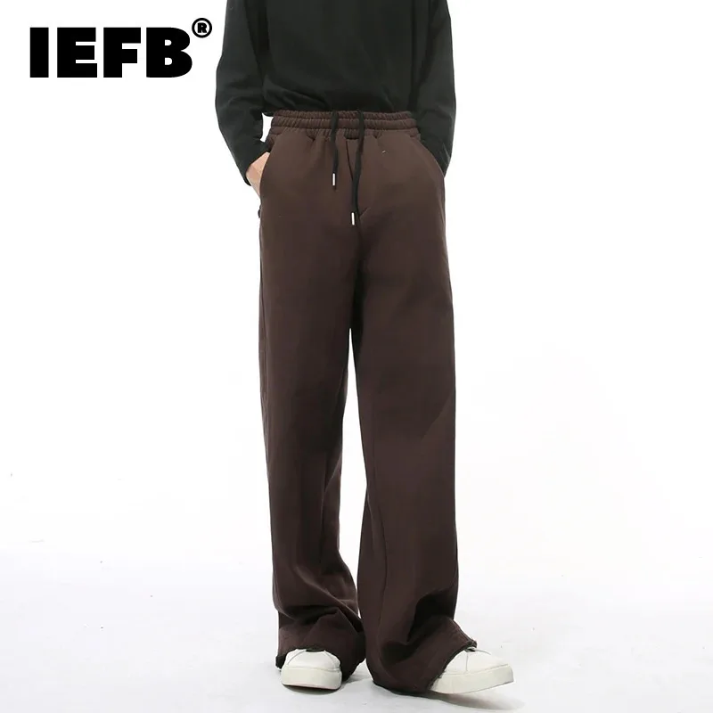 IEFB Simple Men's Sweatpants Casual Drwstring Wide Leg Solid Color Bottom Elastic Waist Loose Straight Male Trousers New 9C9325