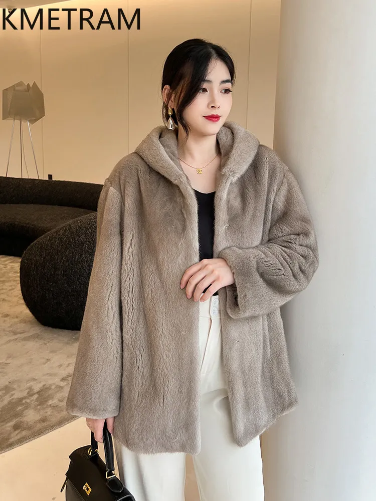 Chaqueta de Piel de Visón 100% Natural de Grado Terciopelo KMETRAM, Abrigo de Piel de Visón Real Informal para Mujer con Capucha, Ropa de Invierno para Mujer 2026 Fourrure