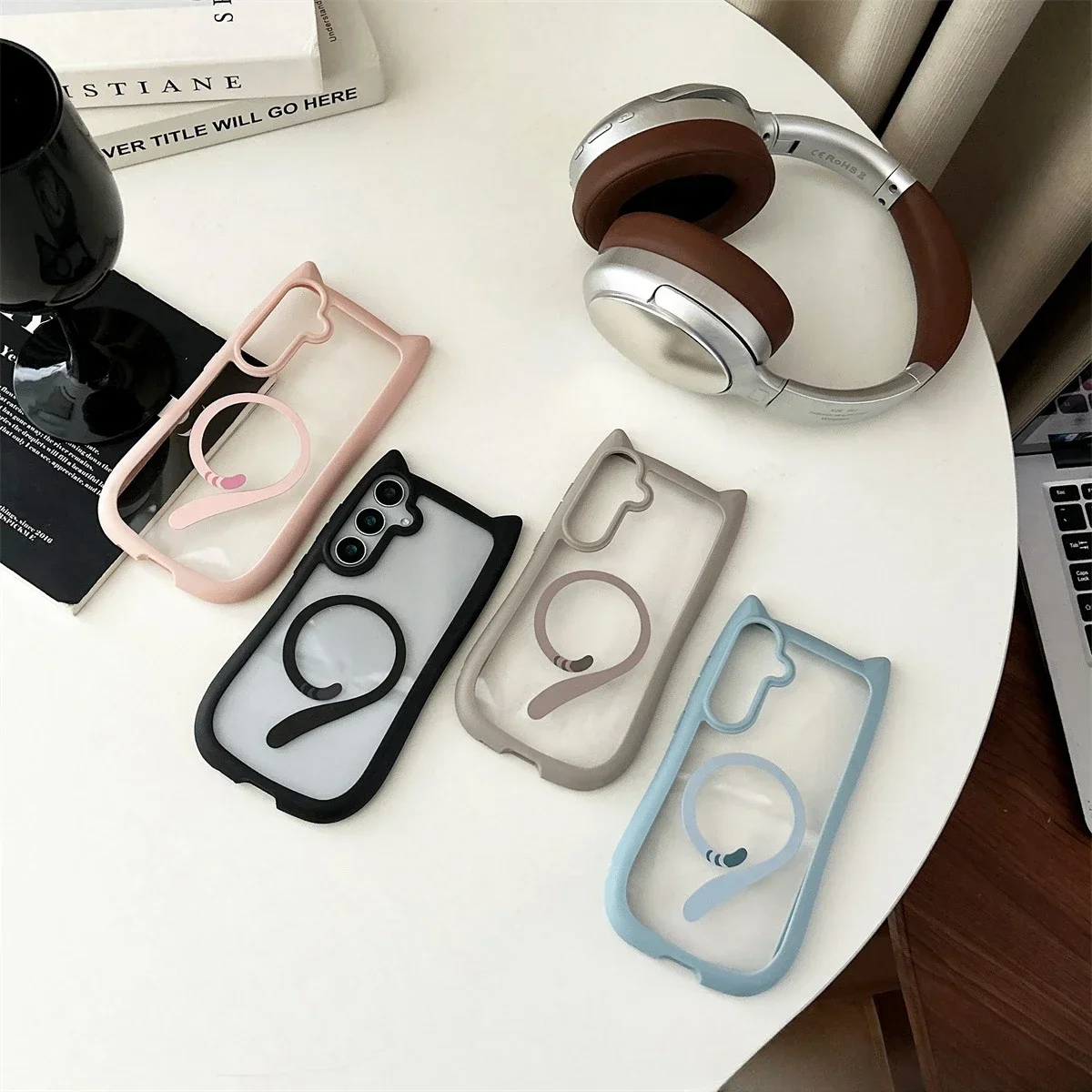 Cute Cat Ear Magsafe Case For Samsung Galaxy S25 Ultra S24 Ultra S23 S24 S25 Plus Transparent Wireless Magnetic Charging Cover