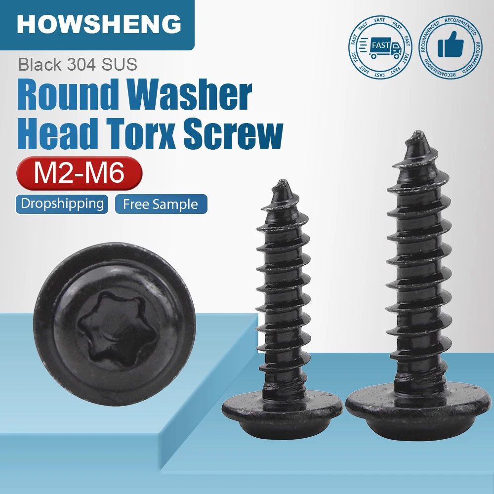 HOWSHENG Black 304 Stainless Steel Torx Pan Head with Washer Self-tapping Screws M2 M2.6 M3 M4 M5 M6 Star Tapping Wood Screws