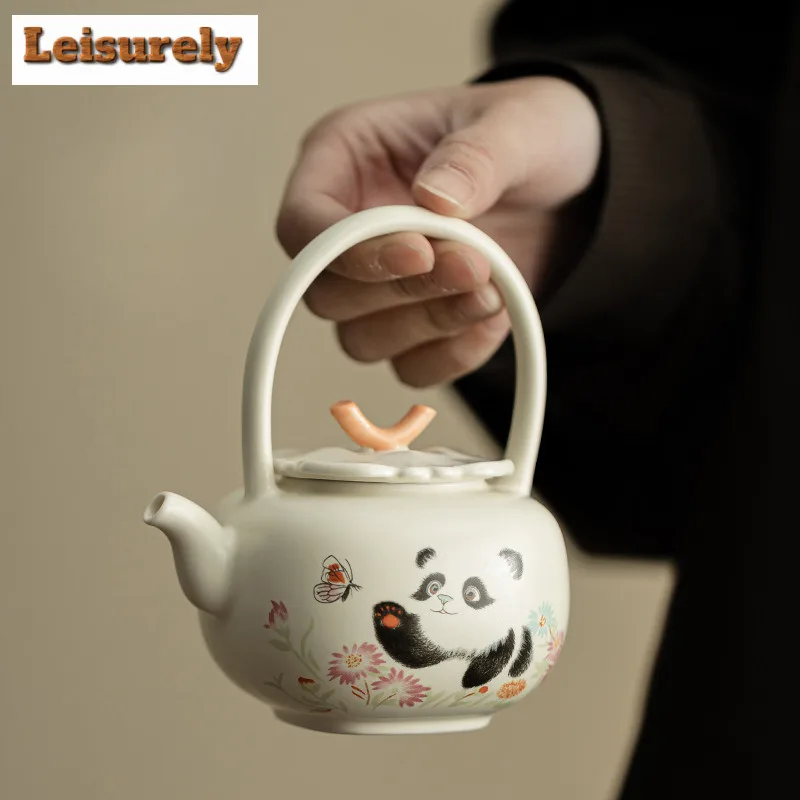 

176ML Cream Ding Kiln Panda Play Butterfly Lifting Beam Teapot Handmade Tea Infuser Pot Tea Making Kettle With Filter Ornaments