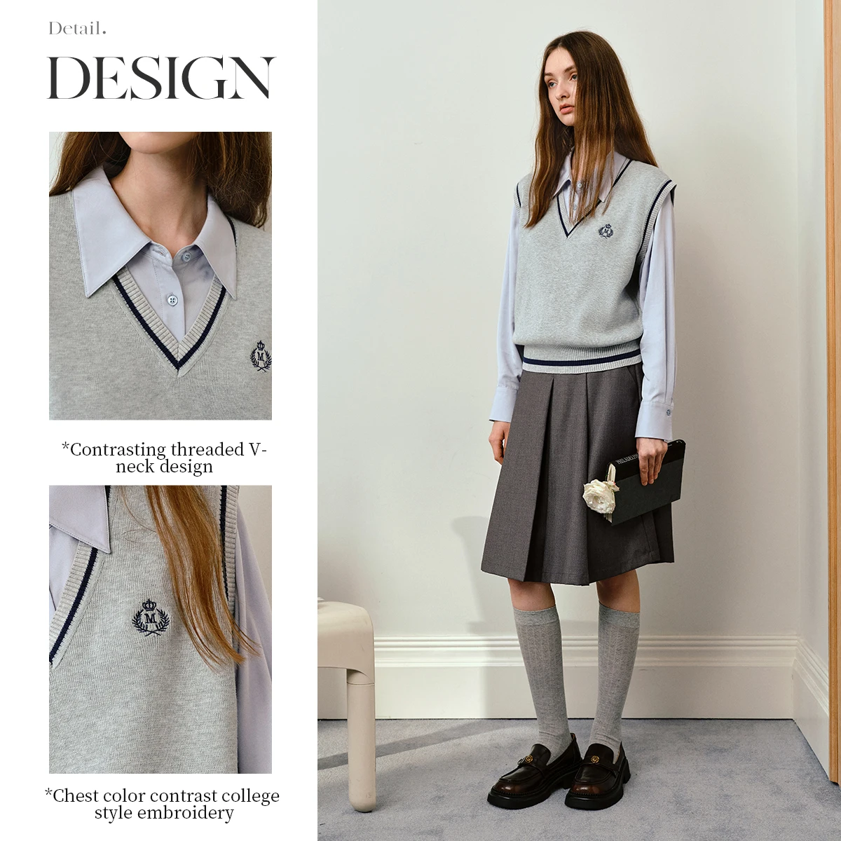 Olrain feminino estilo preppy francês colete sem mangas mistura de lã simples camisola profunda decote em v casual outono 2025 novos topos o57qj000651