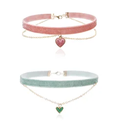 Pink & Green Velvet Heart Choker Necklace for Women Sexy Gothic Lace Clavicle Jewelry Accessory Lady Gift
