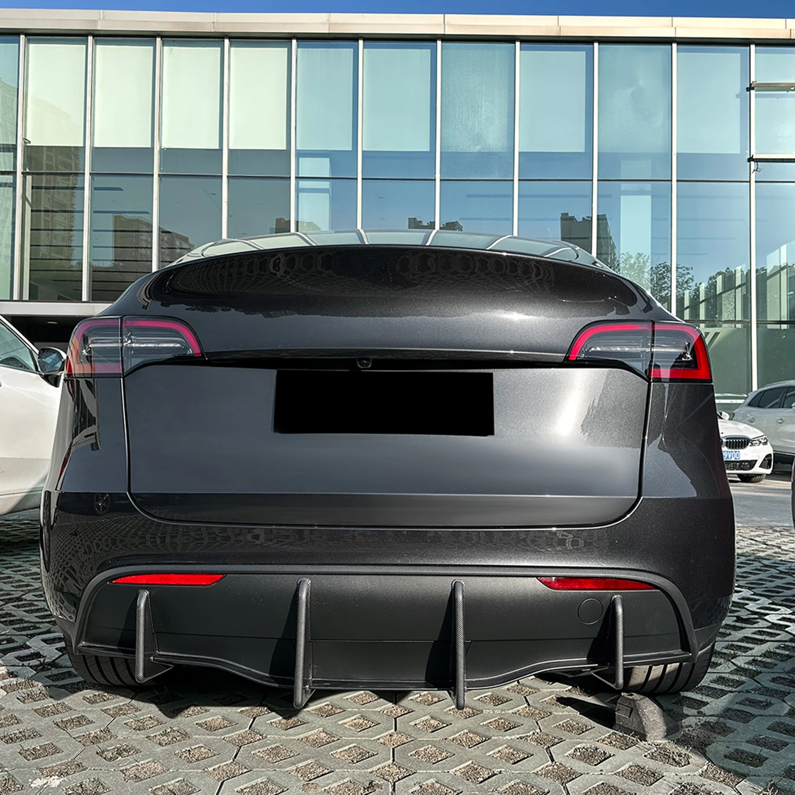 Glänzend schwarzer/Carbonfaser-Optik Heckdiffusor im Shark-Fin-Stil für Tesla Model Y 2017-2024 Spoiler Splitter