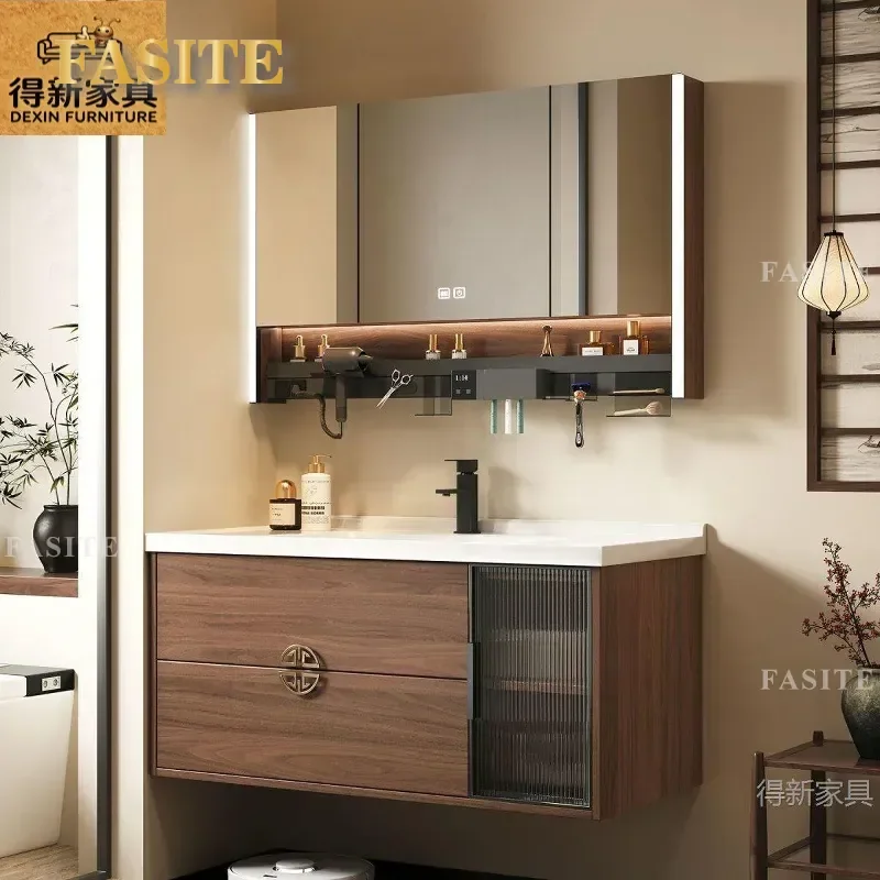 New Chinese Style Walnut Solid Wood Bathroom Cabinet with Ceramic Integrated Basin Smart Washbasin Vanity Combo for Modern