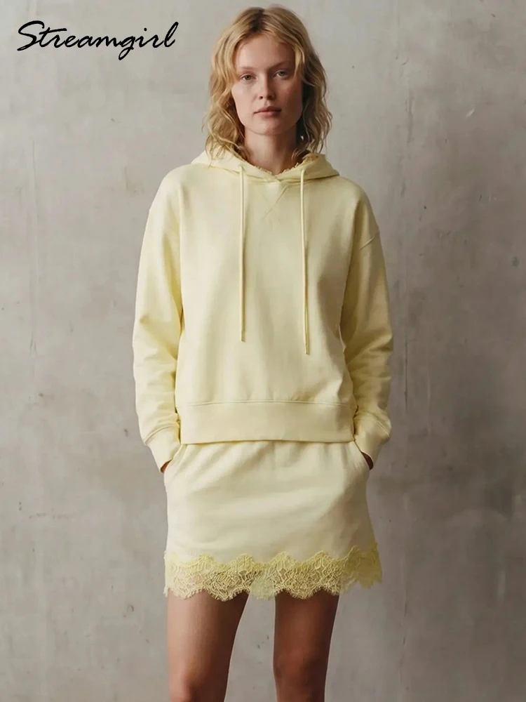 Streamgirl Lace Sweatshirt Skirt Set Women Suit With Mini Skirt Sets 2 Piese Outfit Spring Summer Yellow Luxury Matching Sets