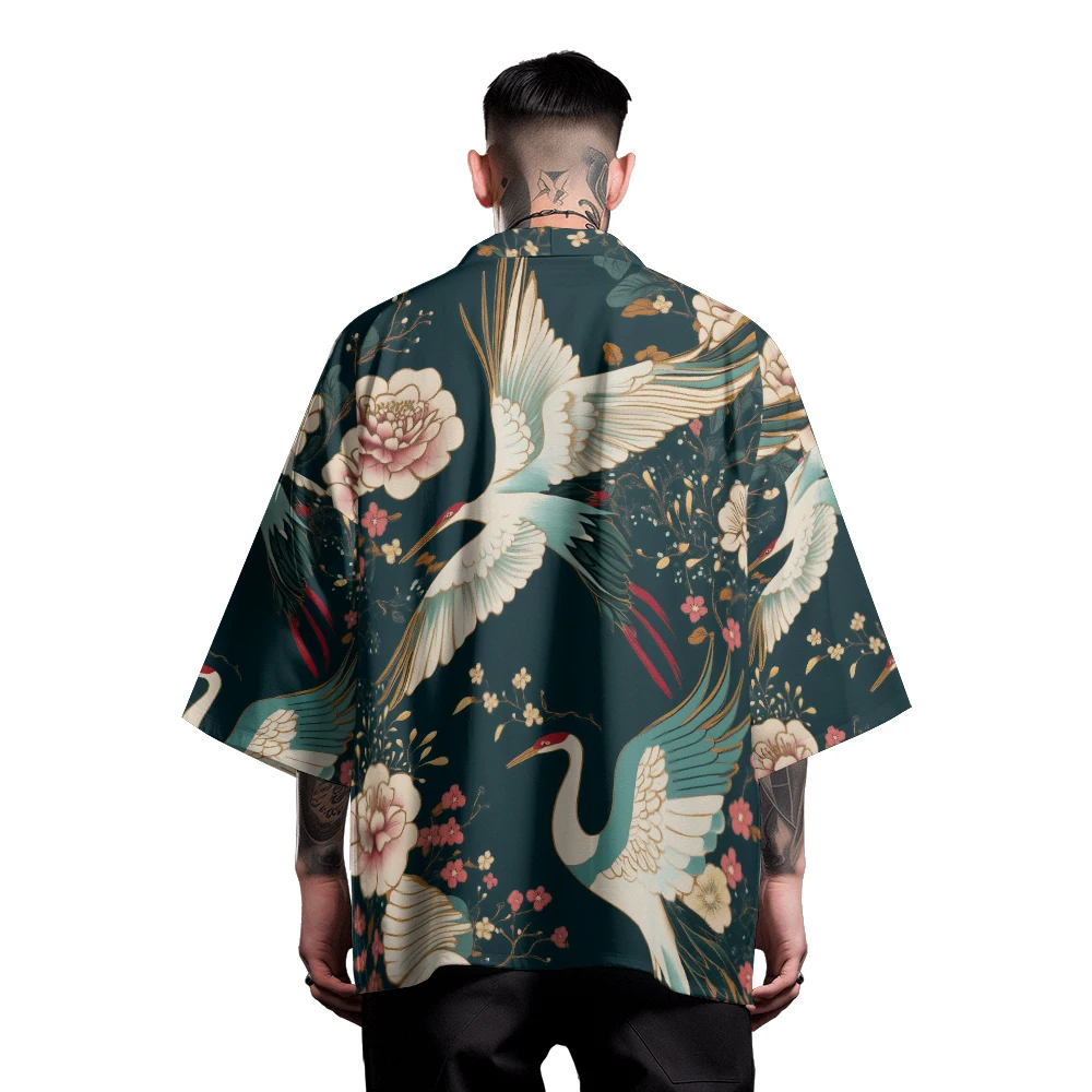 Classic Versatile Section Fashion Crane Floral Printed Feather Woven Robe Men's Fashion Design Casual Kimono Men's Tops