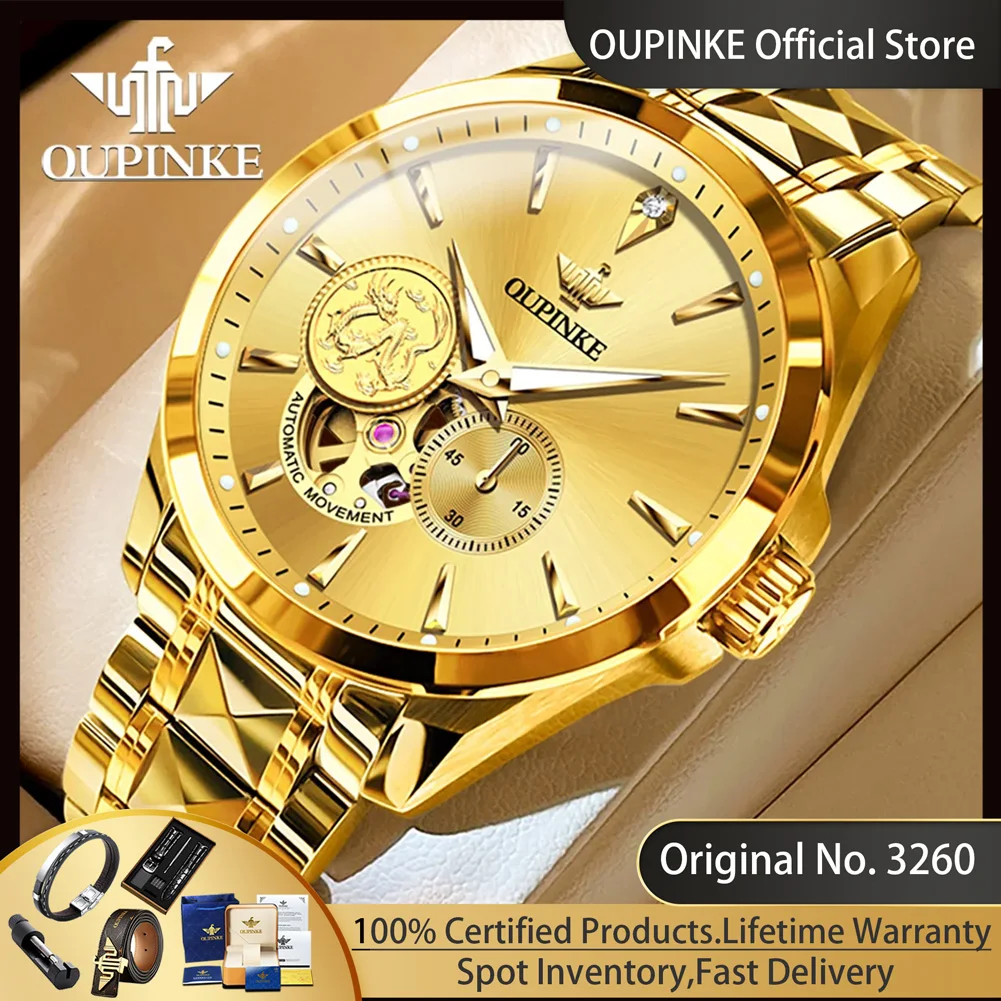 OUPINKE 3260 Men's Automatic Mechanical Watch Men Real Gold Skeleton Dragon Watch Original Tungsten Steel Chronograph Man watch