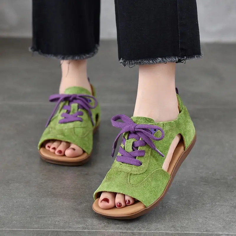 

Retro Genuine Leather Luxury Women's Sandals Suede Flat with Hollow Breathable Roman Sandal Peep Toe Low Top Lace Up Sports Shoe