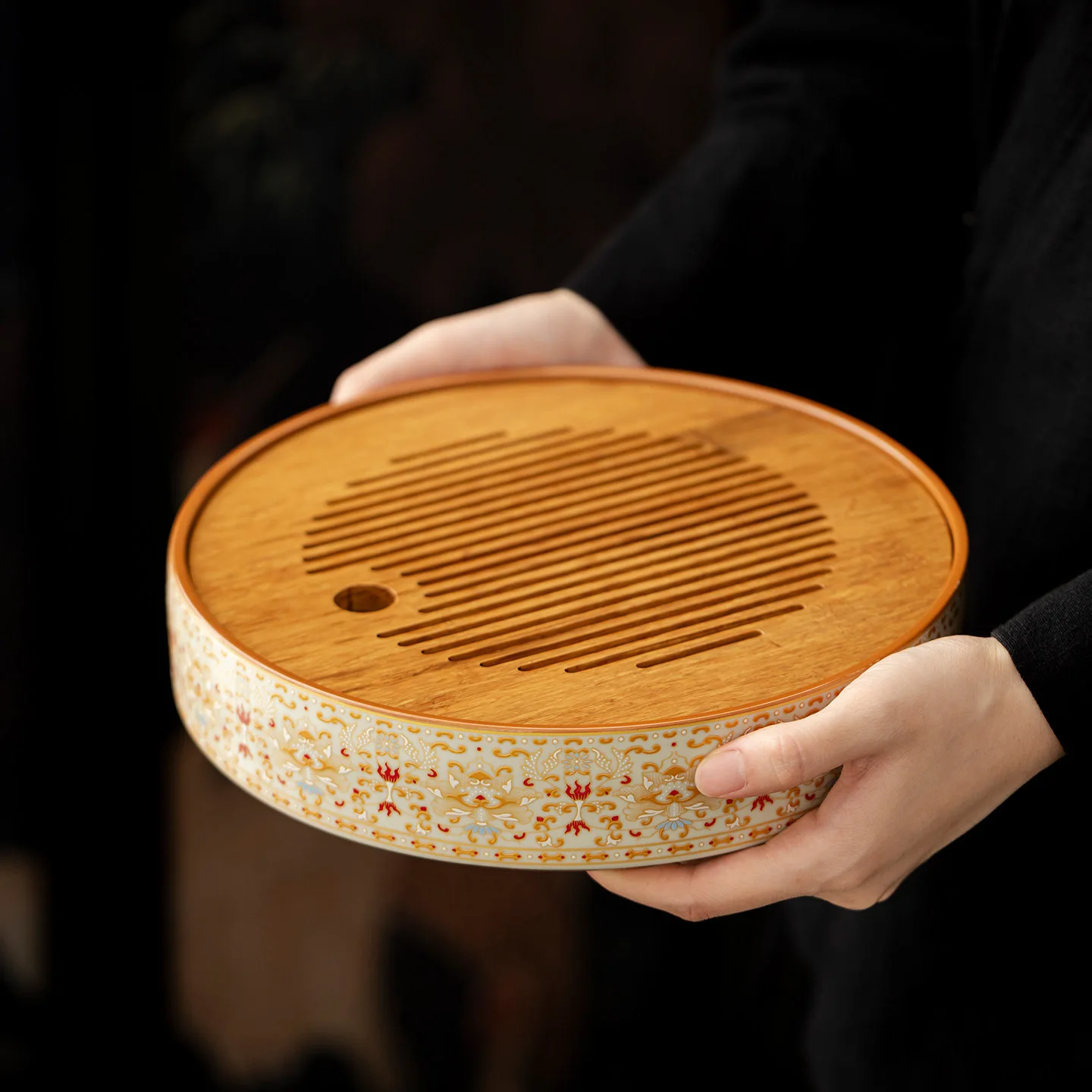 HYS Dunhuang gold-painted tea tray water storage household ceramic tray tea table circular drain water tea set