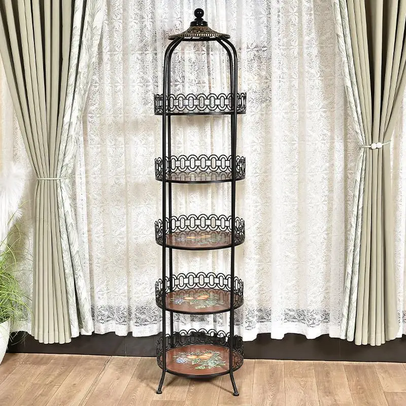 Wrought iron multi-layer flower stand, shelf, living room balcony, dill succulent flower pot, round storage rack.